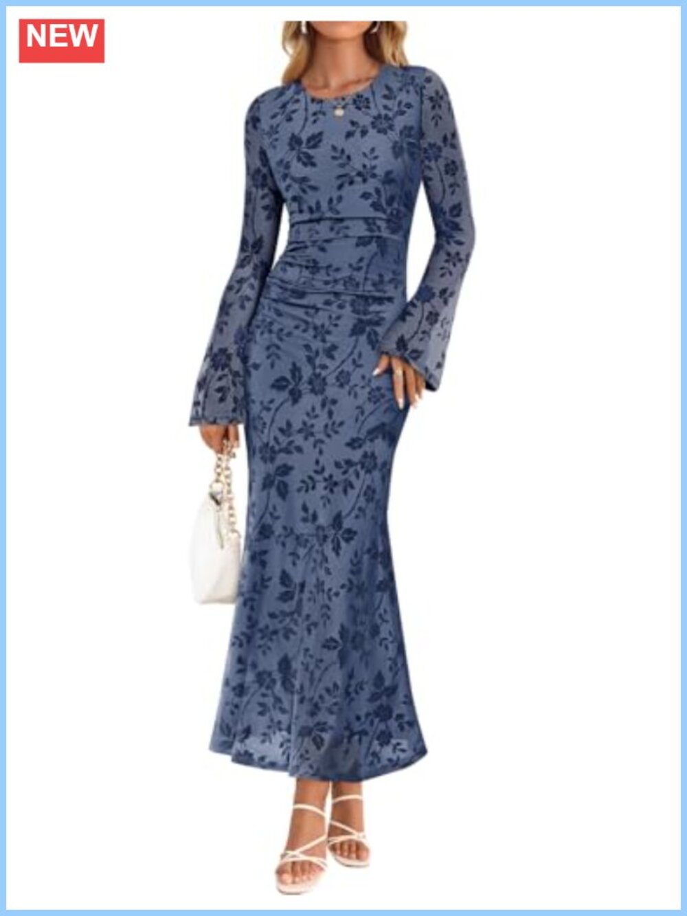 Women's Long Sleeve Floral Mesh Bodycon Ruched Maxi Formal Dress